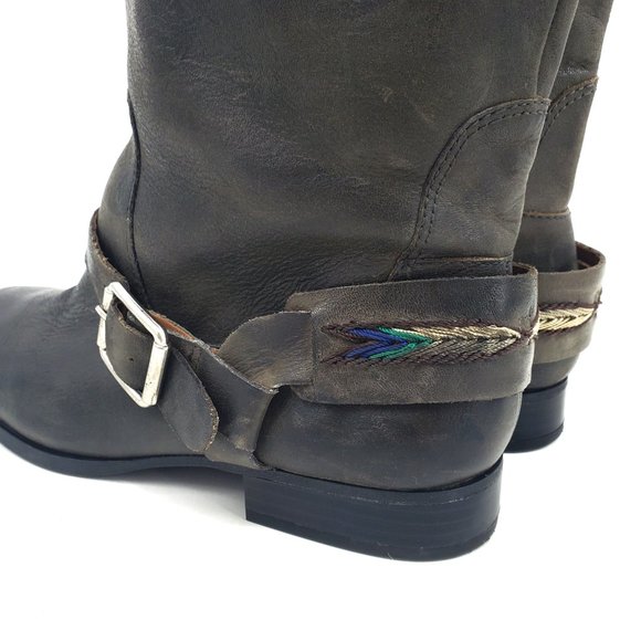 Lucky Brand May Tall Boho Grey Leather Pull On Embroidered Riding Boots Size 9 - Picture 3 of 13